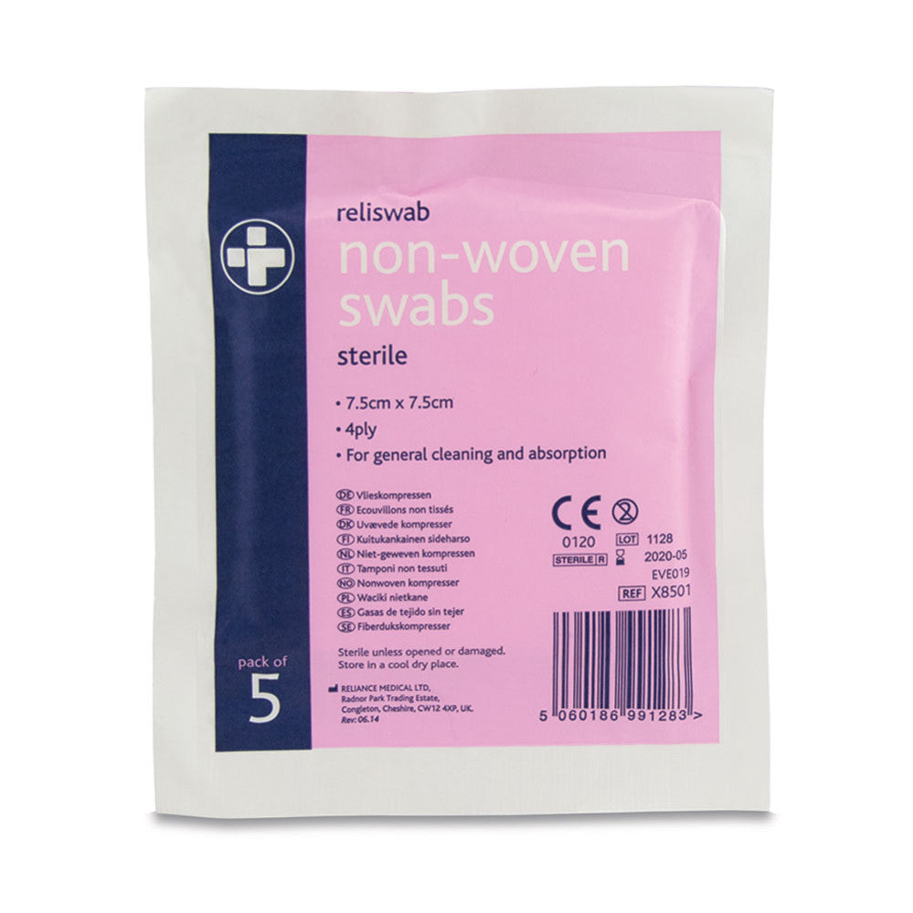 Reliswab Swabs Non-Woven Sterile 4ply 7.5cm x 7.5cm Pack of 5