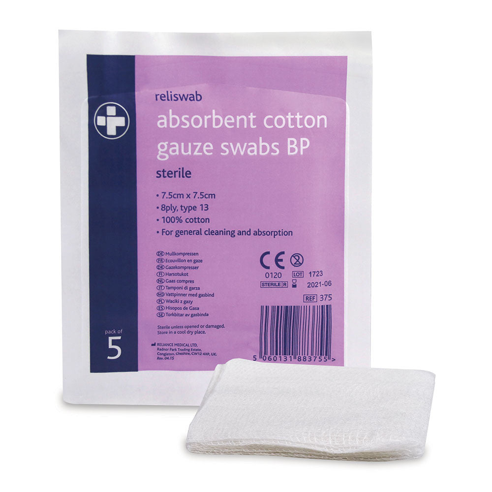 Reliswab Cotton Gauze Swabs BP Sterile 7.5cm x 7.5cm Pack of 5